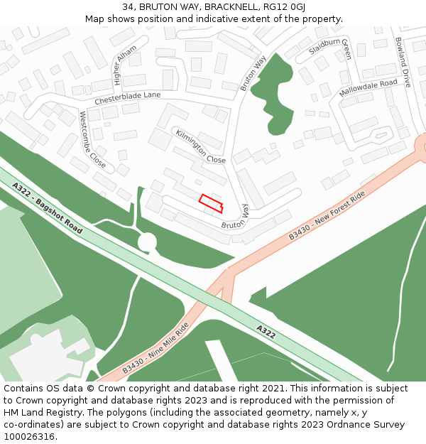 34, BRUTON WAY, BRACKNELL, RG12 0GJ: Location map and indicative extent of plot