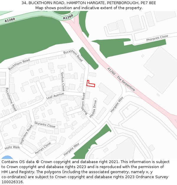 34, BUCKTHORN ROAD, HAMPTON HARGATE, PETERBOROUGH, PE7 8EE: Location map and indicative extent of plot