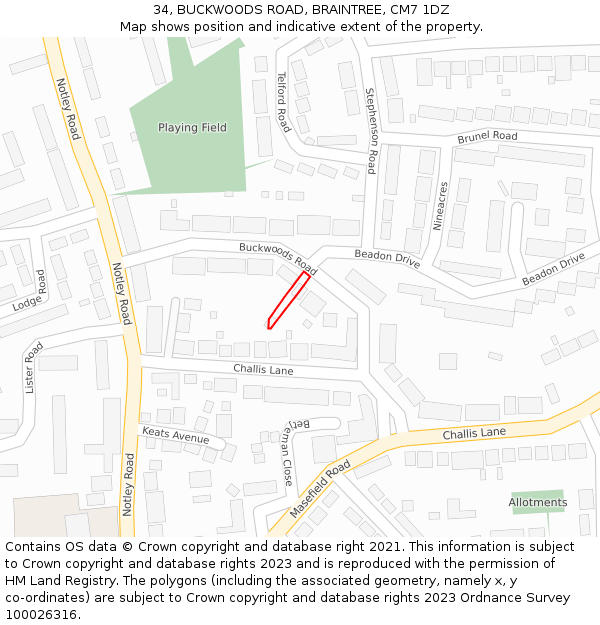 34, BUCKWOODS ROAD, BRAINTREE, CM7 1DZ: Location map and indicative extent of plot