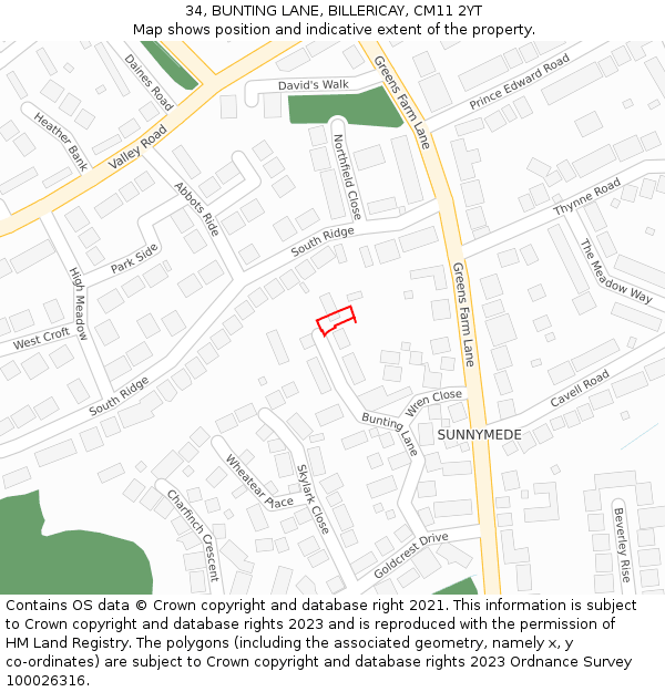 34, BUNTING LANE, BILLERICAY, CM11 2YT: Location map and indicative extent of plot
