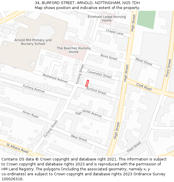34, BURFORD STREET, ARNOLD, NOTTINGHAM, NG5 7DH: Location map and indicative extent of plot