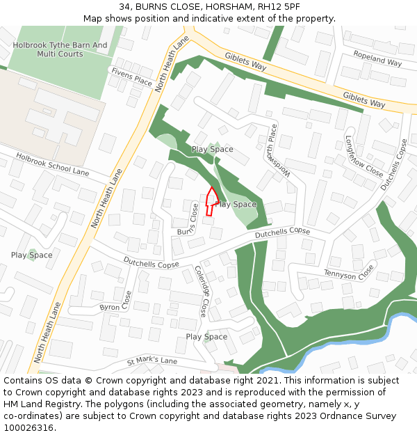 34, BURNS CLOSE, HORSHAM, RH12 5PF: Location map and indicative extent of plot