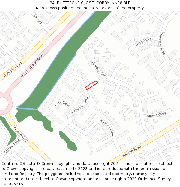 34, BUTTERCUP CLOSE, CORBY, NN18 8LB: Location map and indicative extent of plot