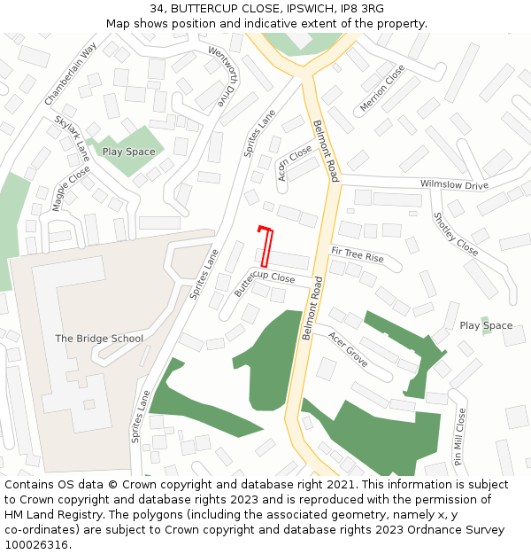 34, BUTTERCUP CLOSE, IPSWICH, IP8 3RG: Location map and indicative extent of plot