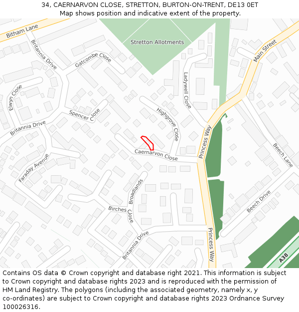 34, CAERNARVON CLOSE, STRETTON, BURTON-ON-TRENT, DE13 0ET: Location map and indicative extent of plot