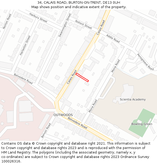 34, CALAIS ROAD, BURTON-ON-TRENT, DE13 0UH: Location map and indicative extent of plot