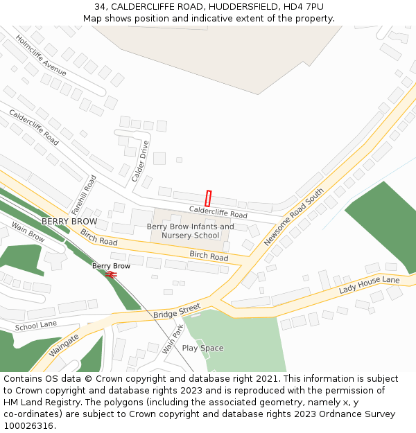 34, CALDERCLIFFE ROAD, HUDDERSFIELD, HD4 7PU: Location map and indicative extent of plot