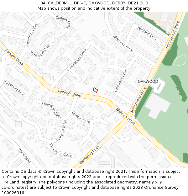 34, CALDERMILL DRIVE, OAKWOOD, DERBY, DE21 2UB: Location map and indicative extent of plot