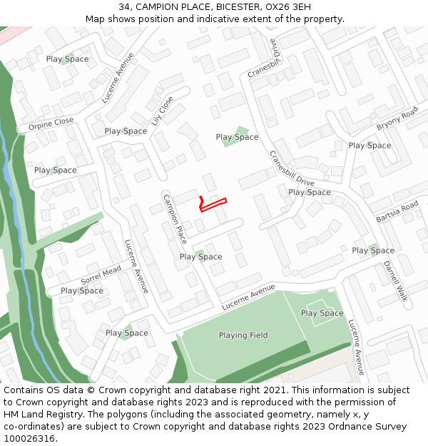 34, CAMPION PLACE, BICESTER, OX26 3EH: Location map and indicative extent of plot