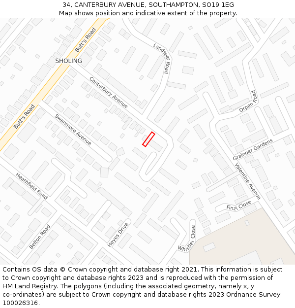 34, CANTERBURY AVENUE, SOUTHAMPTON, SO19 1EG: Location map and indicative extent of plot
