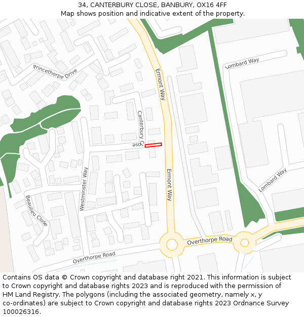 34, CANTERBURY CLOSE, BANBURY, OX16 4FF: Location map and indicative extent of plot