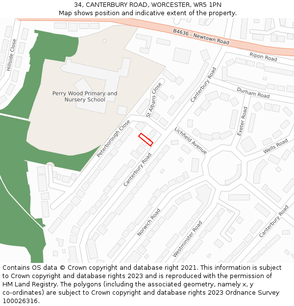 34, CANTERBURY ROAD, WORCESTER, WR5 1PN: Location map and indicative extent of plot
