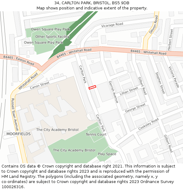 34, CARLTON PARK, BRISTOL, BS5 9DB: Location map and indicative extent of plot