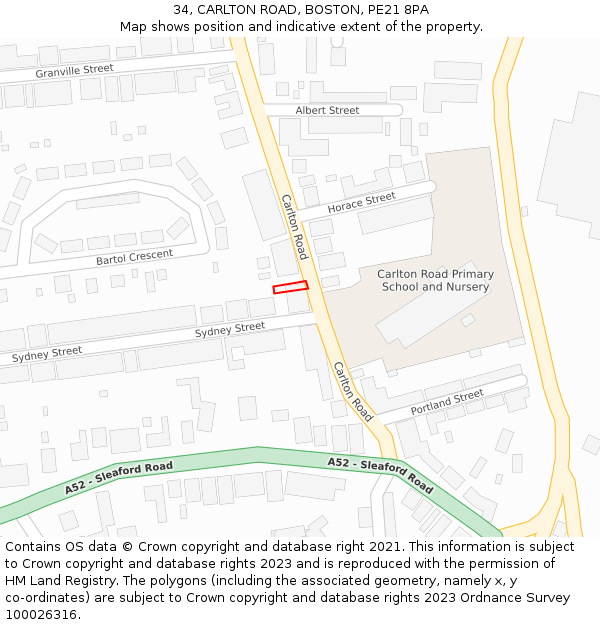 34, CARLTON ROAD, BOSTON, PE21 8PA: Location map and indicative extent of plot