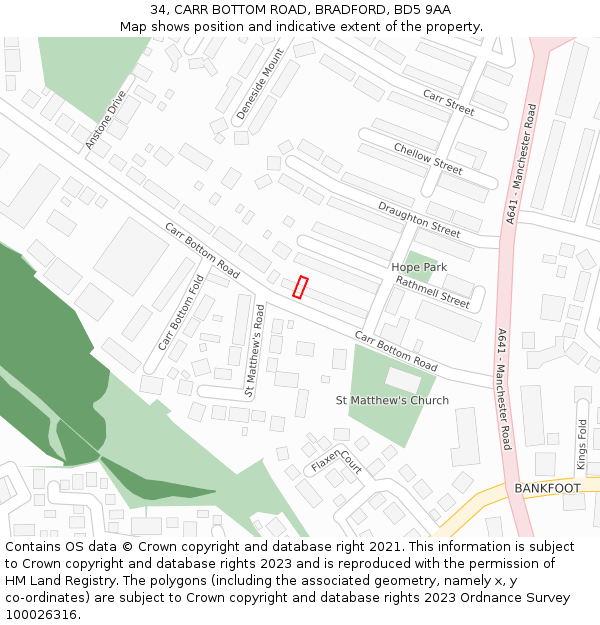 34, CARR BOTTOM ROAD, BRADFORD, BD5 9AA: Location map and indicative extent of plot