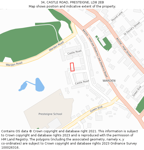34, CASTLE ROAD, PRESTEIGNE, LD8 2EB: Location map and indicative extent of plot