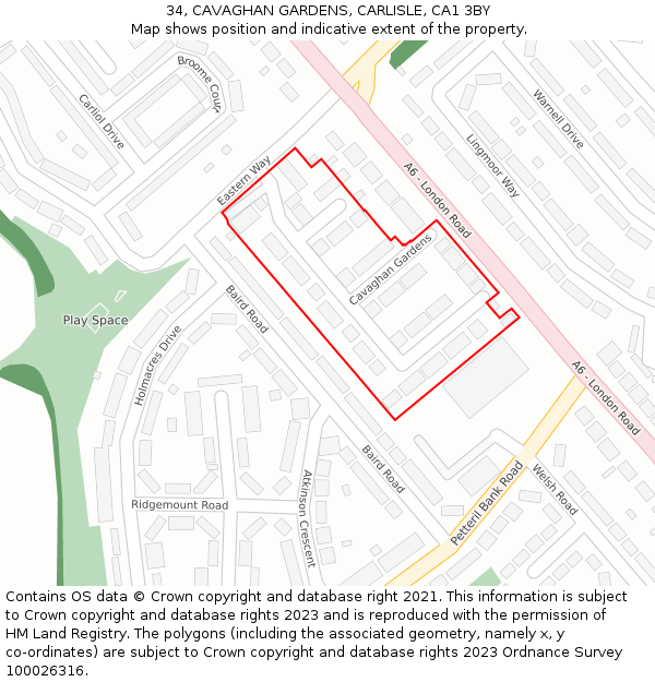 34, CAVAGHAN GARDENS, CARLISLE, CA1 3BY: Location map and indicative extent of plot