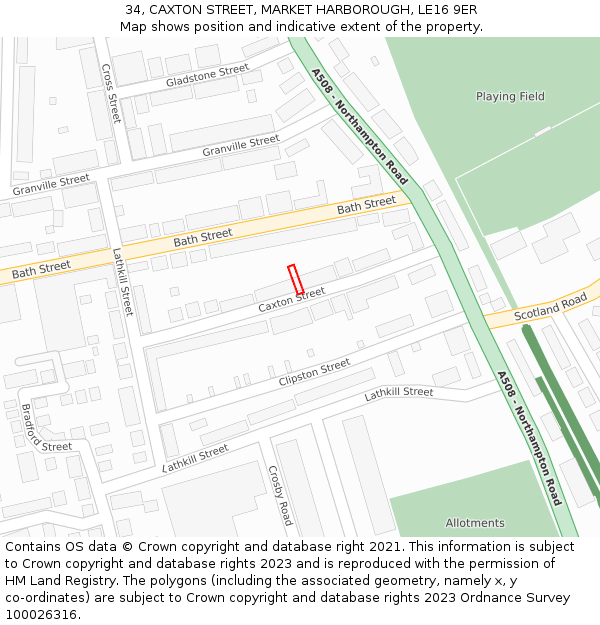 34, CAXTON STREET, MARKET HARBOROUGH, LE16 9ER: Location map and indicative extent of plot