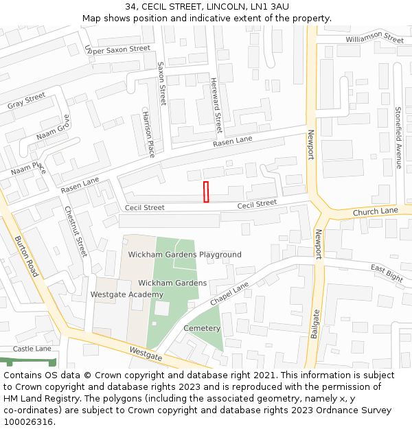 34, CECIL STREET, LINCOLN, LN1 3AU: Location map and indicative extent of plot