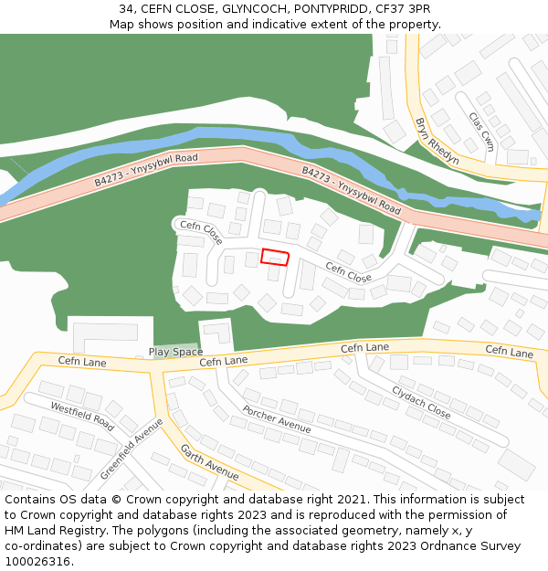 34, CEFN CLOSE, GLYNCOCH, PONTYPRIDD, CF37 3PR: Location map and indicative extent of plot