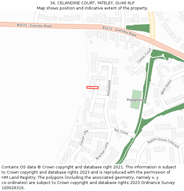 34, CELANDINE COURT, YATELEY, GU46 6LP: Location map and indicative extent of plot