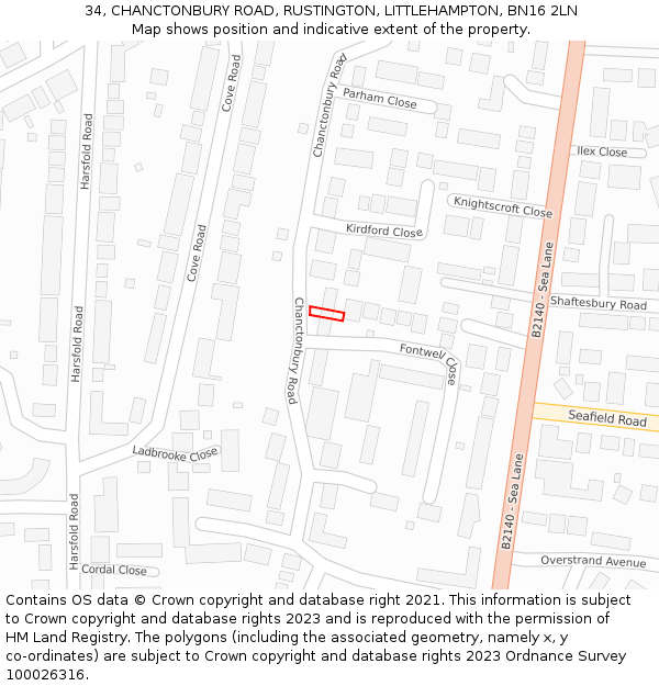 34, CHANCTONBURY ROAD, RUSTINGTON, LITTLEHAMPTON, BN16 2LN: Location map and indicative extent of plot