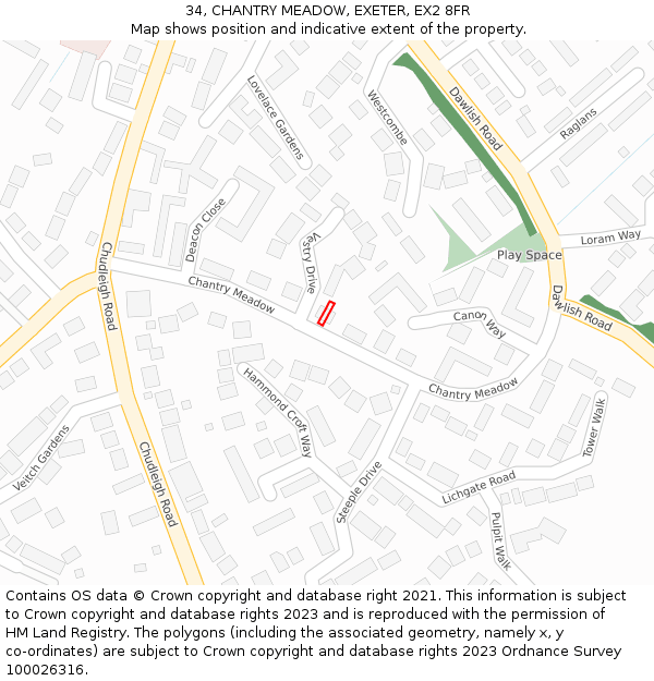 34, CHANTRY MEADOW, EXETER, EX2 8FR: Location map and indicative extent of plot