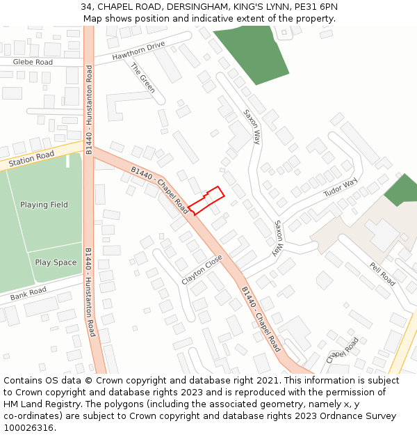 34, CHAPEL ROAD, DERSINGHAM, KING'S LYNN, PE31 6PN: Location map and indicative extent of plot