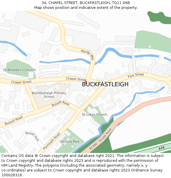 34, CHAPEL STREET, BUCKFASTLEIGH, TQ11 0AB: Location map and indicative extent of plot