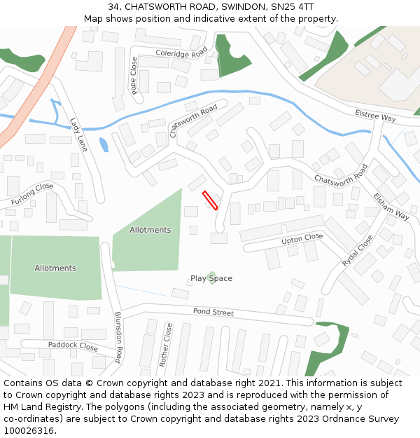 34, CHATSWORTH ROAD, SWINDON, SN25 4TT: Location map and indicative extent of plot