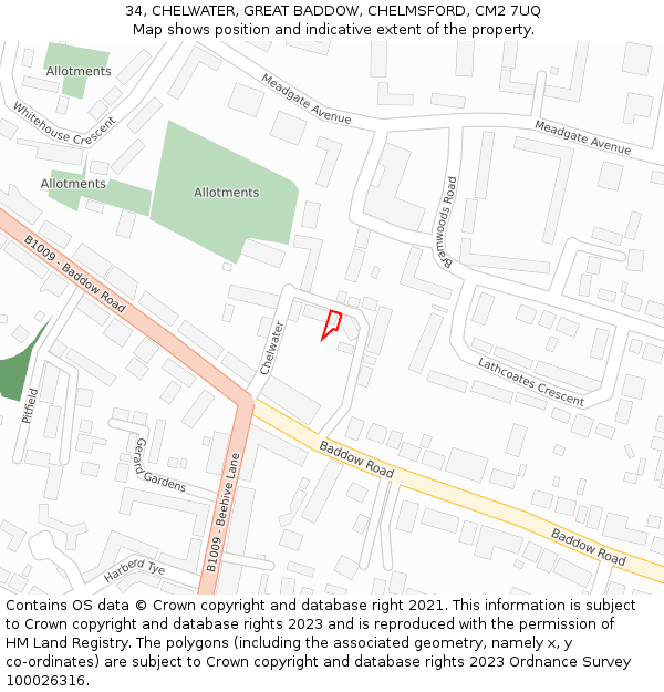 34, CHELWATER, GREAT BADDOW, CHELMSFORD, CM2 7UQ: Location map and indicative extent of plot
