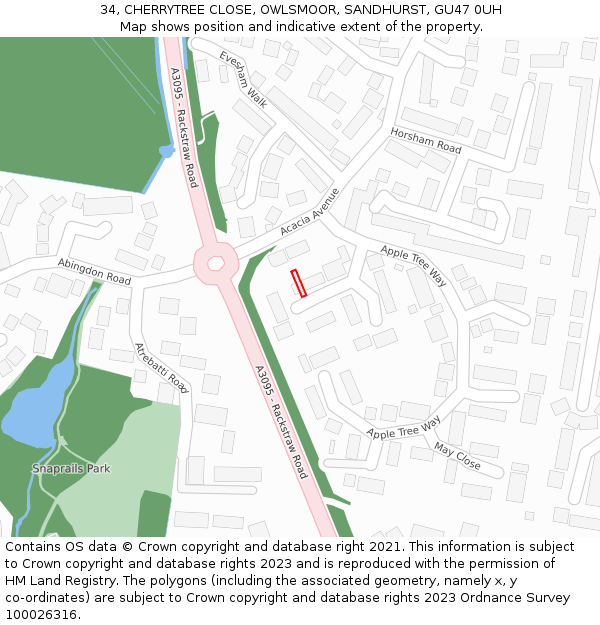 34, CHERRYTREE CLOSE, OWLSMOOR, SANDHURST, GU47 0UH: Location map and indicative extent of plot