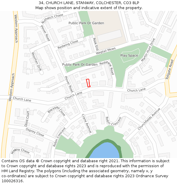 34, CHURCH LANE, STANWAY, COLCHESTER, CO3 8LP: Location map and indicative extent of plot