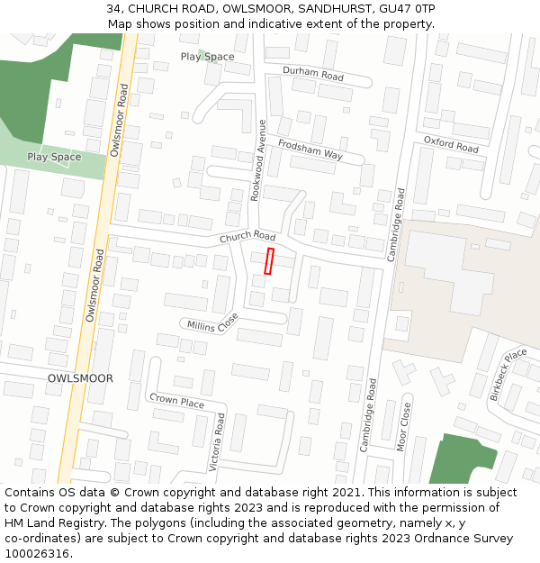34, CHURCH ROAD, OWLSMOOR, SANDHURST, GU47 0TP: Location map and indicative extent of plot
