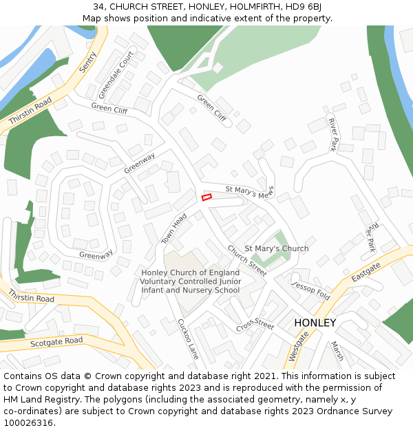 34, CHURCH STREET, HONLEY, HOLMFIRTH, HD9 6BJ: Location map and indicative extent of plot