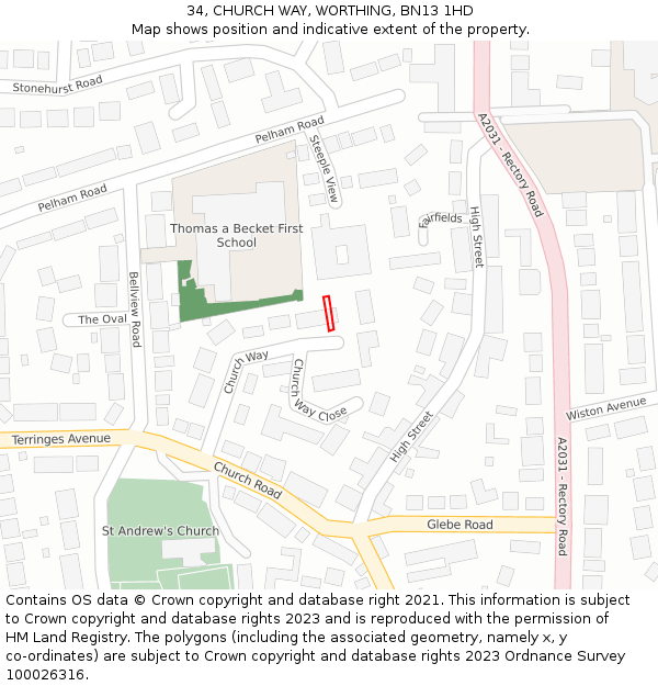 34, CHURCH WAY, WORTHING, BN13 1HD: Location map and indicative extent of plot