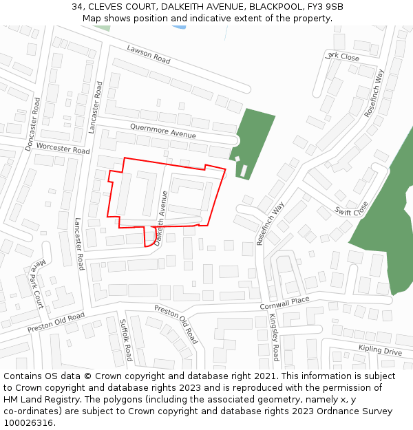 34, CLEVES COURT, DALKEITH AVENUE, BLACKPOOL, FY3 9SB: Location map and indicative extent of plot