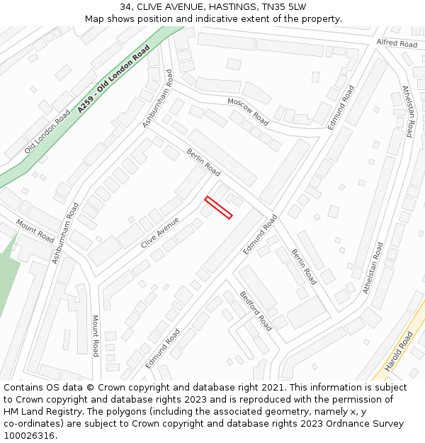 34, CLIVE AVENUE, HASTINGS, TN35 5LW: Location map and indicative extent of plot