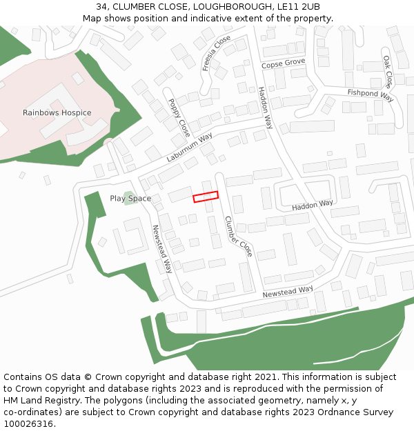 34, CLUMBER CLOSE, LOUGHBOROUGH, LE11 2UB: Location map and indicative extent of plot