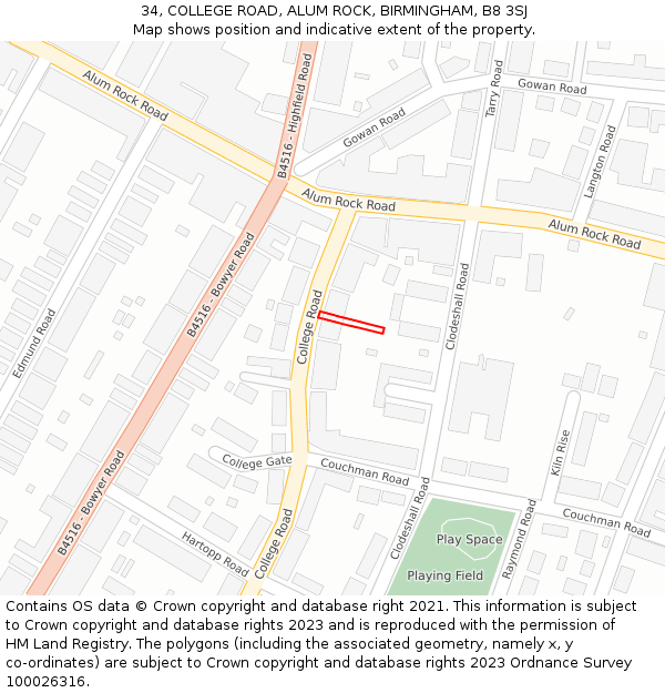 34, COLLEGE ROAD, ALUM ROCK, BIRMINGHAM, B8 3SJ: Location map and indicative extent of plot
