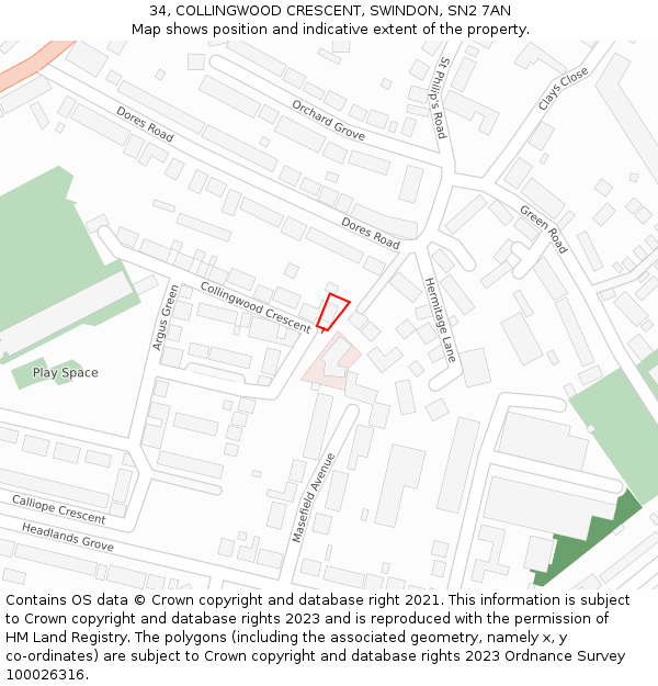 34, COLLINGWOOD CRESCENT, SWINDON, SN2 7AN: Location map and indicative extent of plot