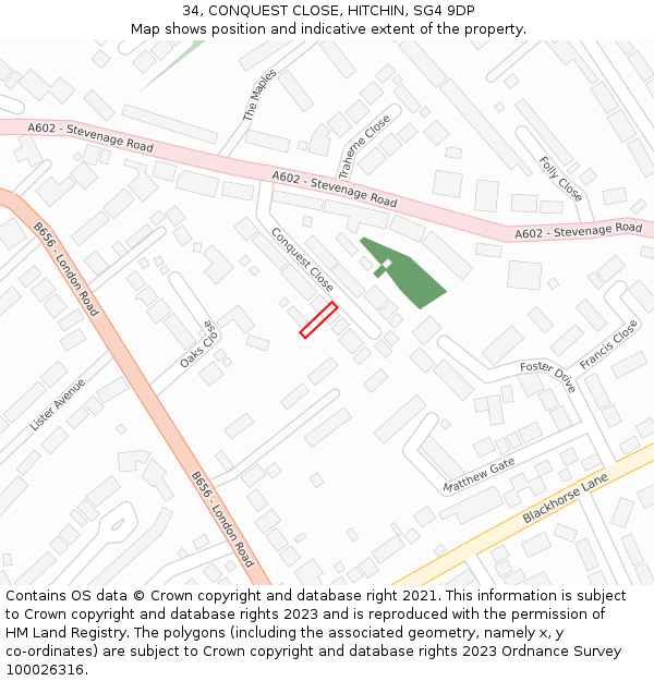 34, CONQUEST CLOSE, HITCHIN, SG4 9DP: Location map and indicative extent of plot