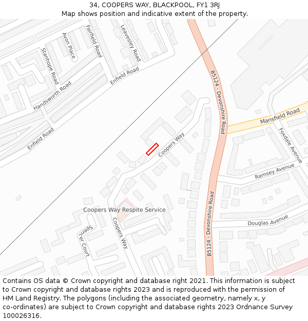 34, COOPERS WAY, BLACKPOOL, FY1 3RJ: Location map and indicative extent of plot