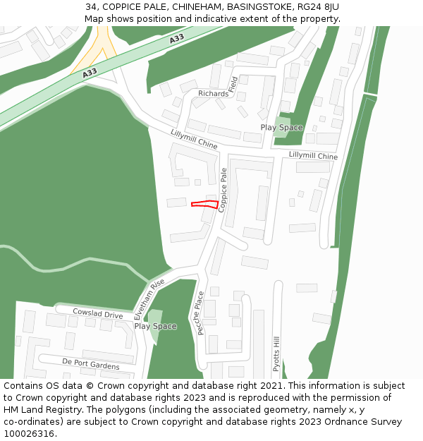 34, COPPICE PALE, CHINEHAM, BASINGSTOKE, RG24 8JU: Location map and indicative extent of plot