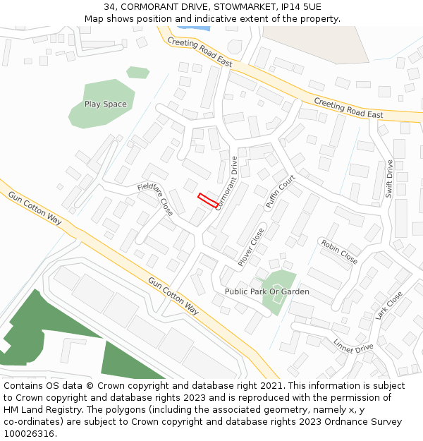34, CORMORANT DRIVE, STOWMARKET, IP14 5UE: Location map and indicative extent of plot