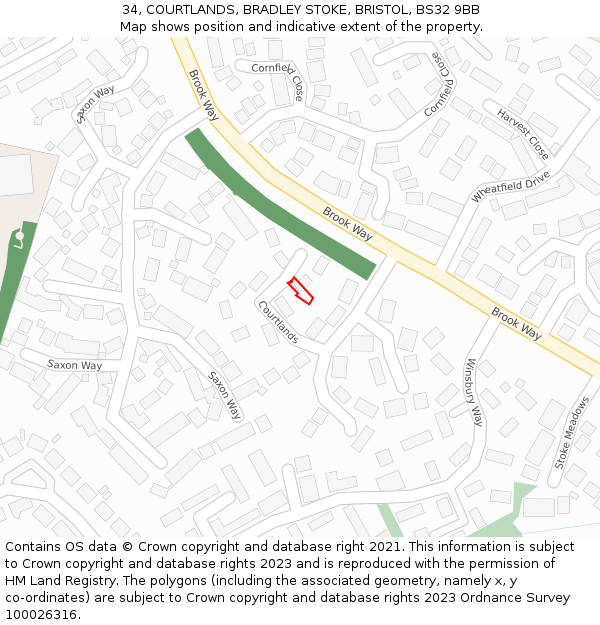 34, COURTLANDS, BRADLEY STOKE, BRISTOL, BS32 9BB: Location map and indicative extent of plot