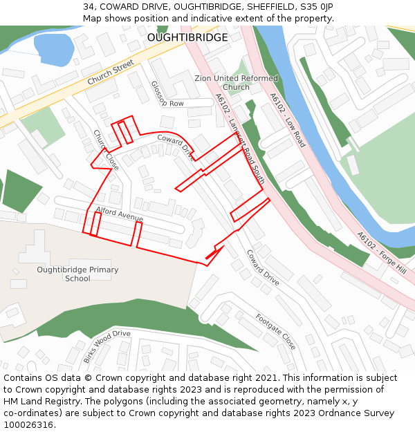 34, COWARD DRIVE, OUGHTIBRIDGE, SHEFFIELD, S35 0JP: Location map and indicative extent of plot