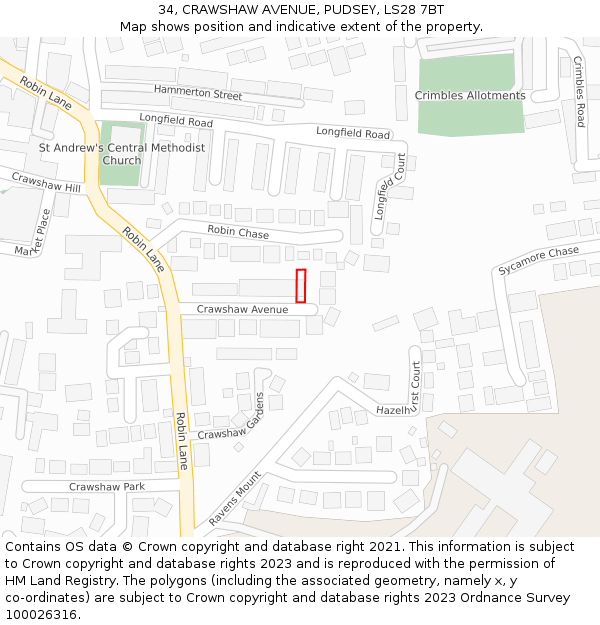 34, CRAWSHAW AVENUE, PUDSEY, LS28 7BT: Location map and indicative extent of plot