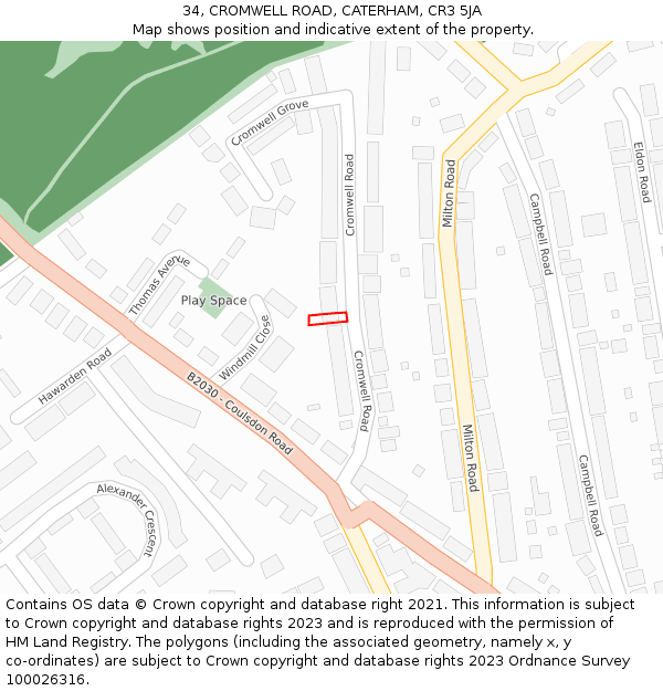 34, CROMWELL ROAD, CATERHAM, CR3 5JA: Location map and indicative extent of plot
