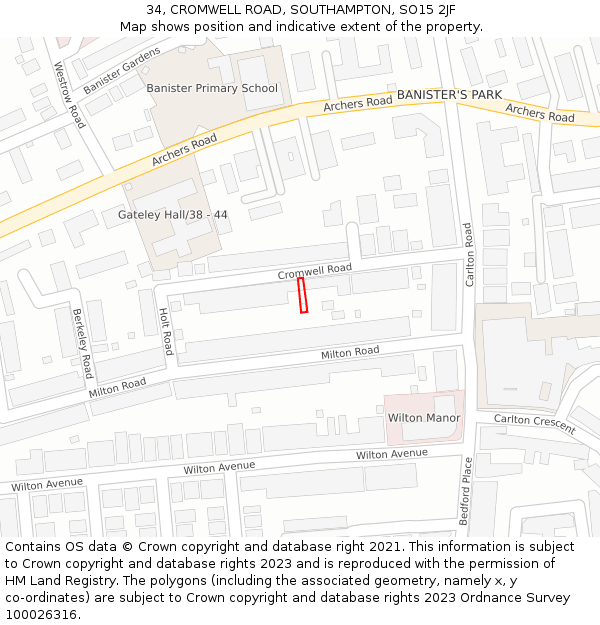 34, CROMWELL ROAD, SOUTHAMPTON, SO15 2JF: Location map and indicative extent of plot